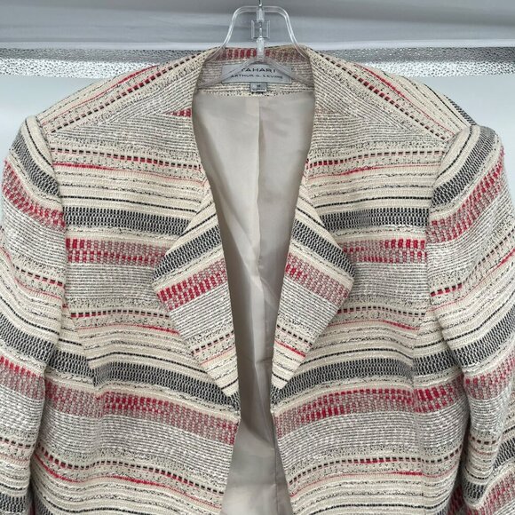 TAHARI Womens Textured Striped Blazer Open Front Cream/Multi Size 16 Pockets - Picture 2 of 9
